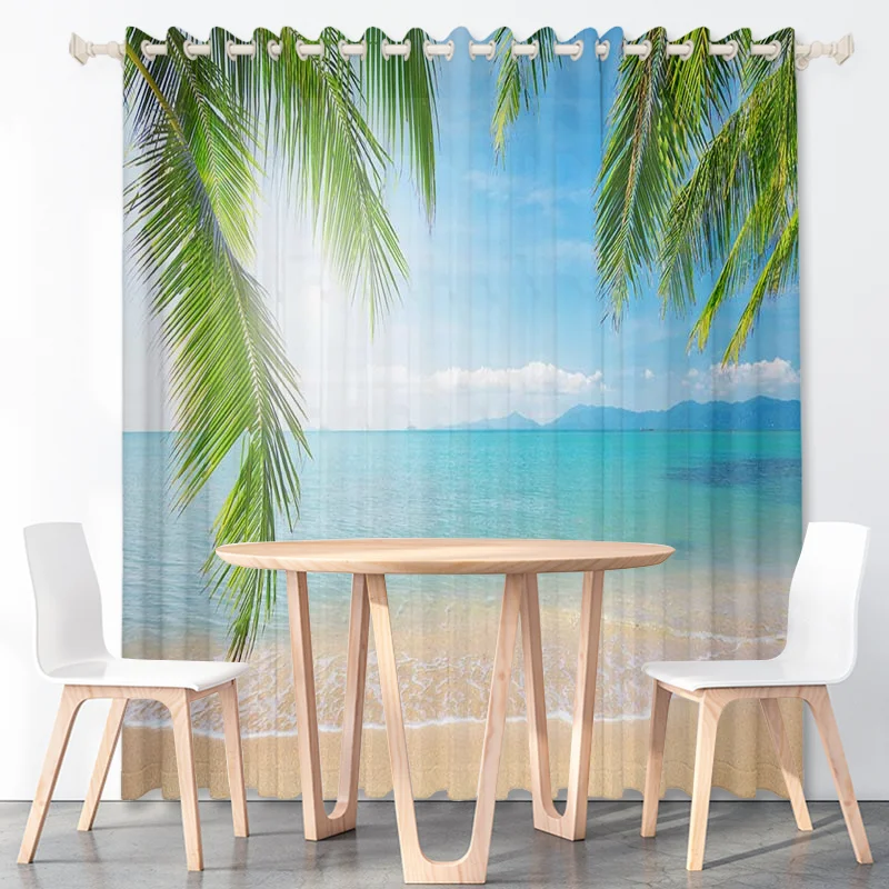 HD Blue Ocean Color Background Shell Sunset Curtains Beach Thin Polyester Fabric Bedroom Living Room Office Decoration with Hook