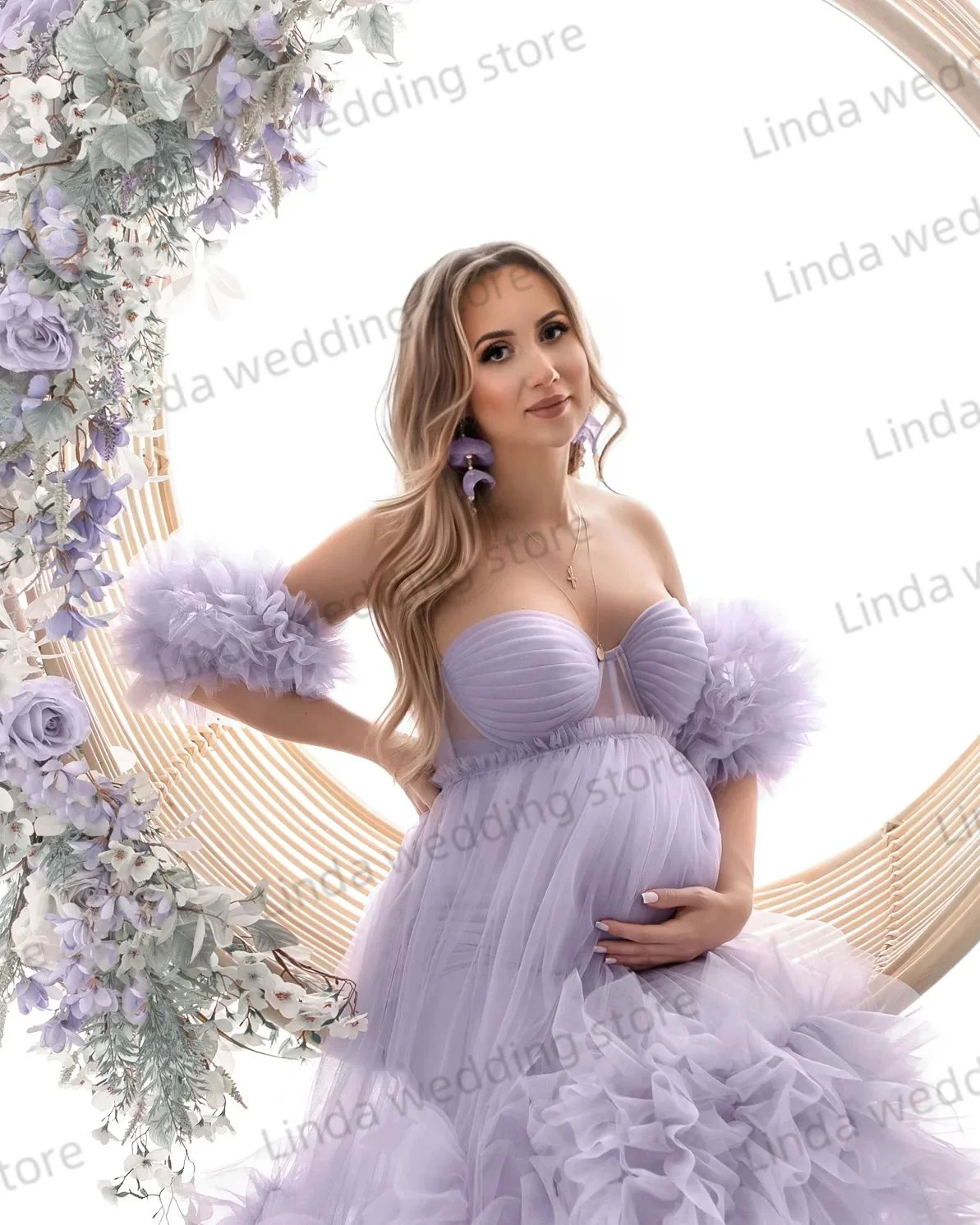 Illusion Maternity Dress for Photoshoot Pretty Lilac Purple Women Prom Dress Evening Party Gown Ruffles Pregnancy Babyshower