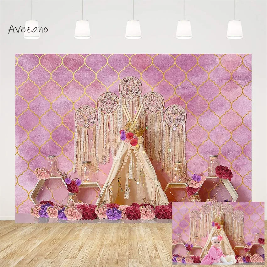 

Avezano Backdrop Photography Pink Flowers Boho Tent Camp Kids Girl Birthday Portrait Cake Smash Background Photo Studio Decor