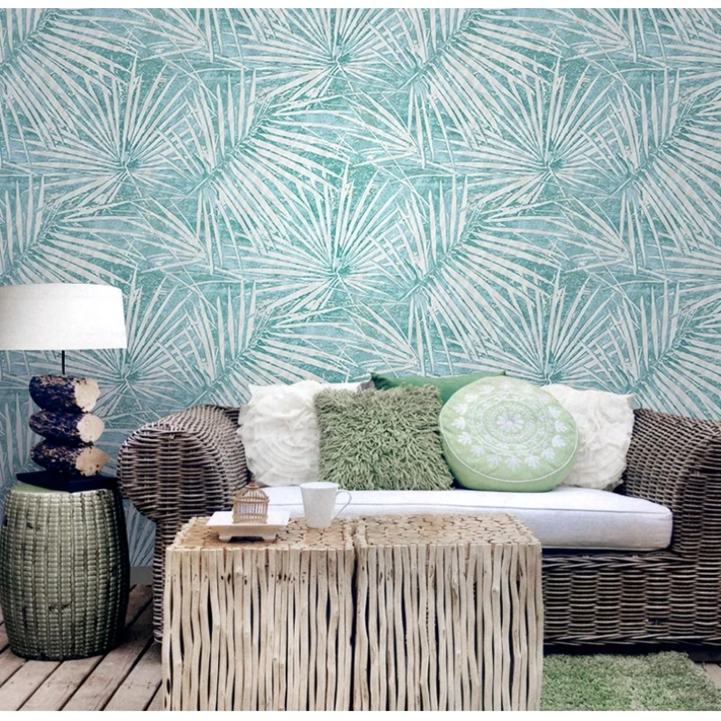 Custom Nordic Wallpaper with Palm Leaves Grain, 53cm x 10m, Non-adhesive Vinyl Wall Covering for Living Room,Bedroom,Green Grey