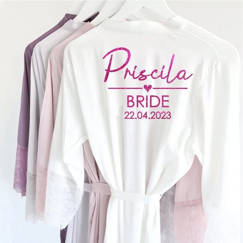 Personalized Name Lace Sleeve Sexy Women Nightwear Peignoir Mariage Wedding Kimono Silk Female Bathrobes Bridemaid Robes