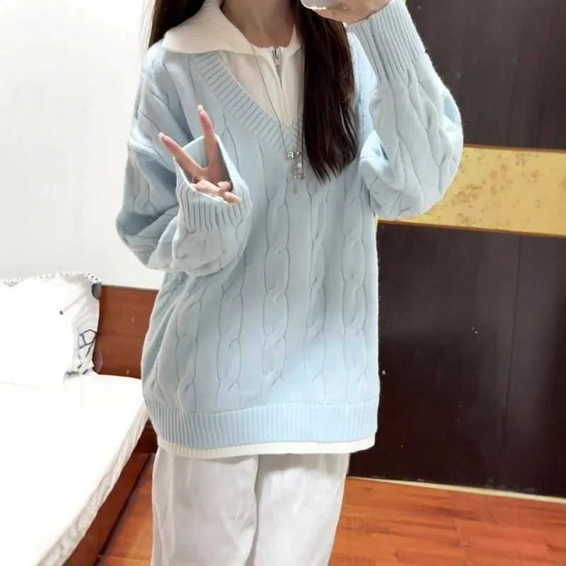 

Синий утолщенный вязаный свитер женский свободного кроя в стиле оверсайз с воротником-стойкой, осенне-зимняя модная верхняя одежда, имитация двухслойного трикотажа