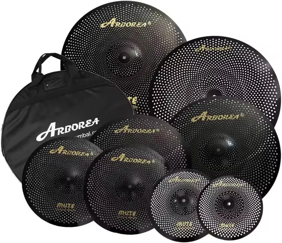 

Arborea Low Volume Cymbal Pack 8pcs Black Quiet Practice Cymbals for Drums Set 10"/12"Splash/14"Hihats/16"Crash/18"Crash/20"Ride