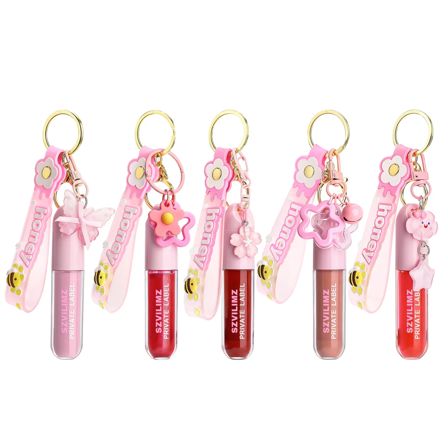 키체인 참이 있는 보습 립글로스 립스틱 광택 반짝임 마무리 립 메이크업 맞춤 로고 펜던트 립글로스