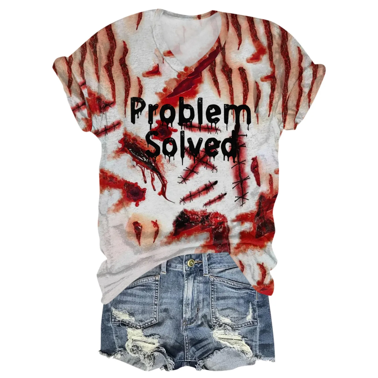 Haut décontracté à manches trois-quarts pour femme, impression de visage de fantôme de lettres d'Halloween, chemise confortable à col en V maigre, mode estivale