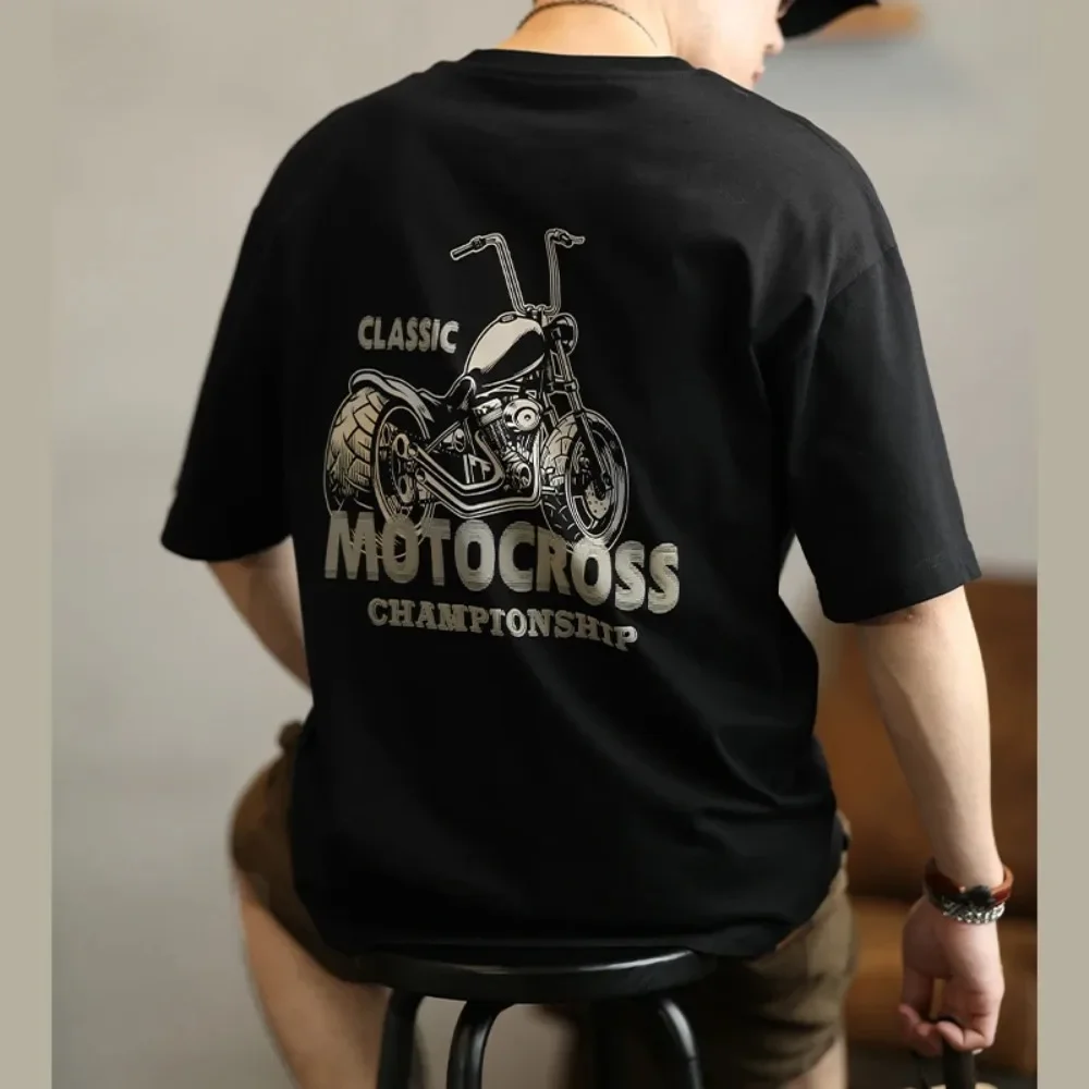

Summer Fashion Heavyweight Retro Men's Motorcycle 100% Cotton Printed Round Neck High Quality Leisure Fitness Street T-shirt