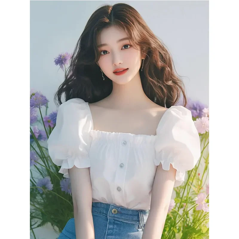 

New Summer French Style High-End Unique Casual White Square Collar Puff Sleeve Shirt