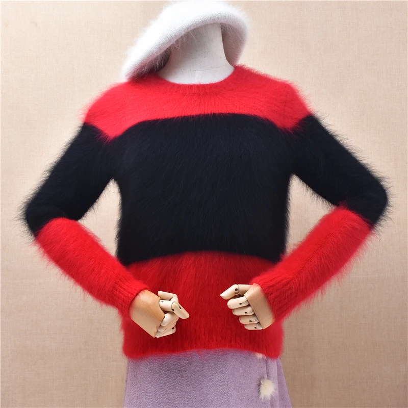 Ladies Women Autumn Winter Clothing Colored Hairy Angora Rabbit Hair Knitted O-Neck Slim Blouses Pullover Sweater Jumper Pull
