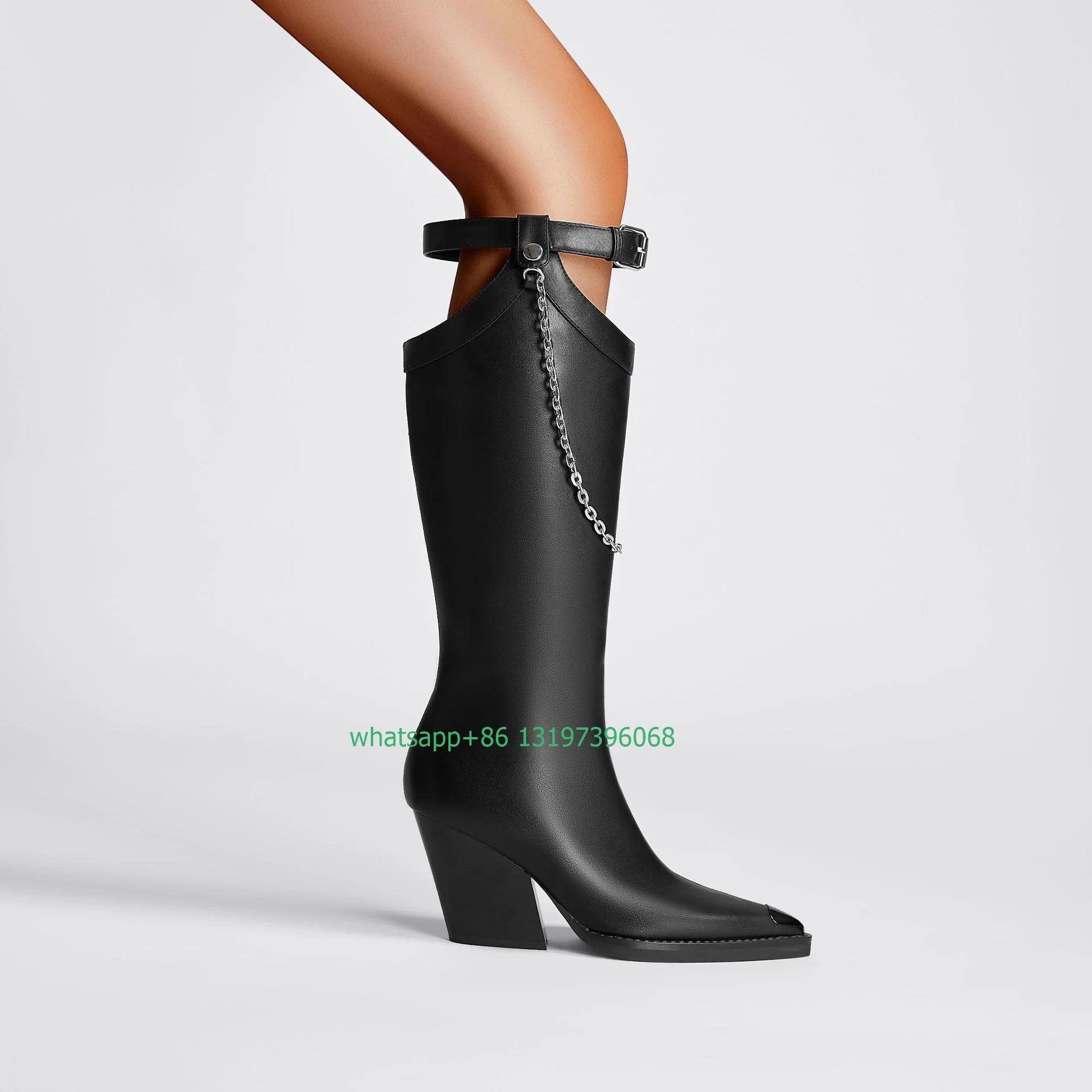 

Lady punk style buckle chian design PU boots sexy black cowboy chunky heel boots pointed toe runway causal dress boots size 46