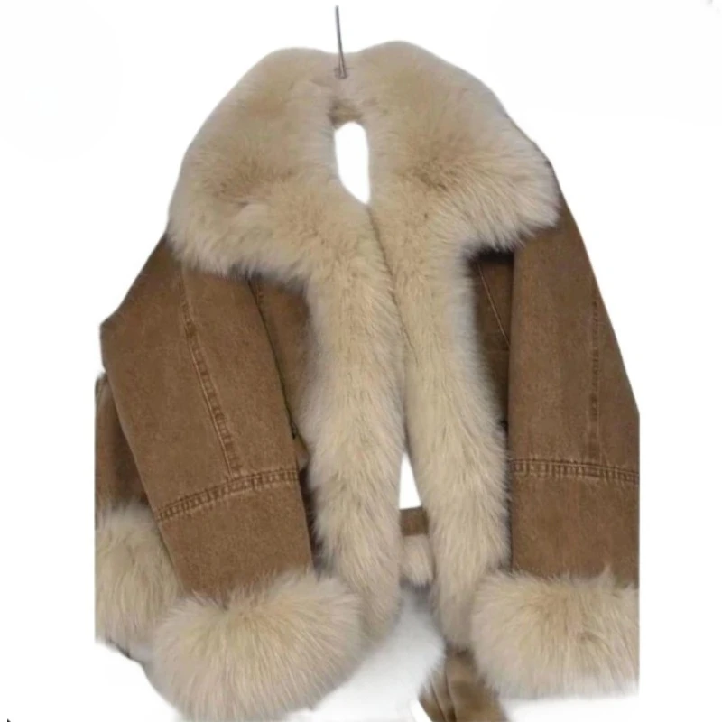 

Маленький меховой воротник в стиле ретро и крутая стеганая куртка Зимняя ретро коричневая джинсовая куртка Утолщенная теплая шуба Tide Высокий уровень внешнего вида