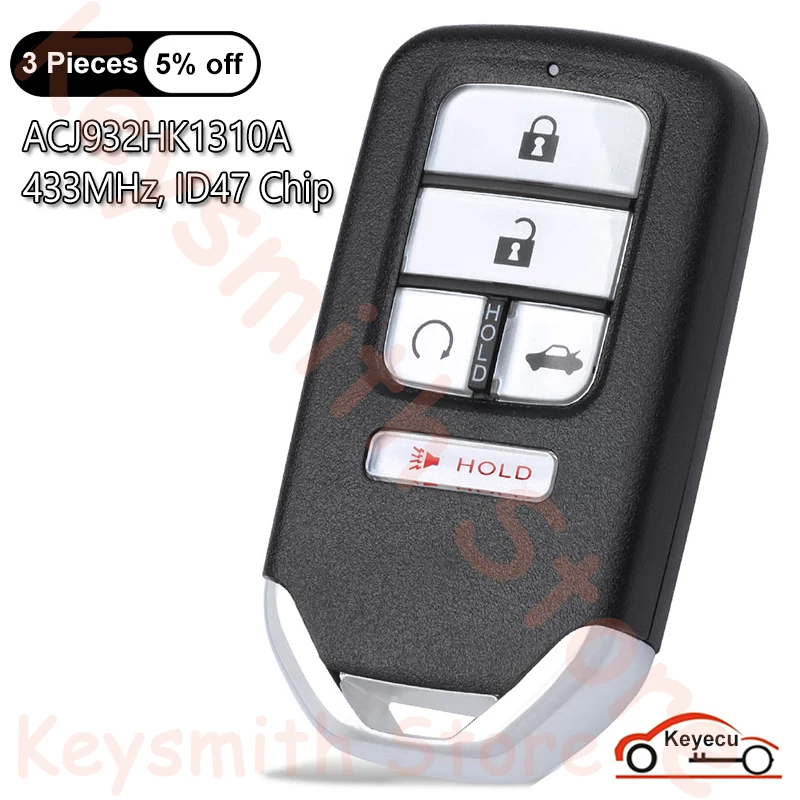 KEYECU 5 Buttons 433.92MHz ID47 Chip for Honda Accord 2016 2017 2018 Auto Smart Remote Control Key Fob FCC ID: ACJ932HK1310A