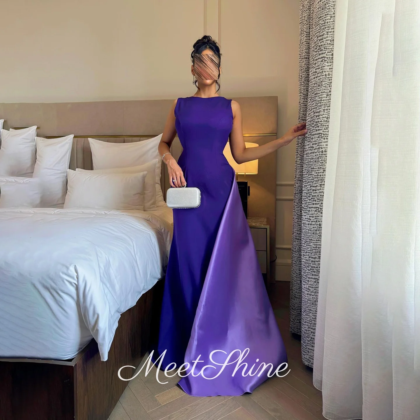 

Элегантные фиолетовые атласные платья русалки с круглым вырезом فساتين سهرة Роскошные вечерние платья с открытой спиной и верхней юбкой по индивидуальному заказу Саудовская Аравия