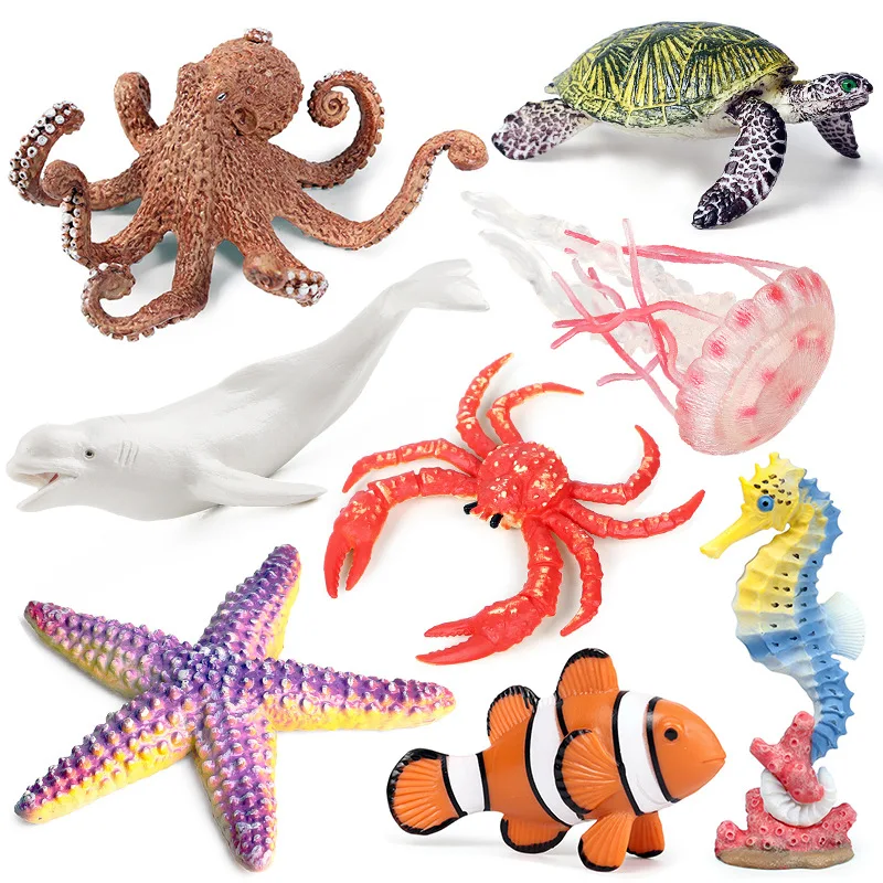 Ocean Animals Model Jellyfish Starfish Octopus Turtles King Crabs seahorses Clownfish Beluga Whale Educational Kids Toy Gift