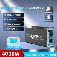 4000W Continuous Power Pure Sine Wave Inverter Peak Power 5000W DC 12V to AC 230V 50HZ EU Socket LCD Portable Car Accessories