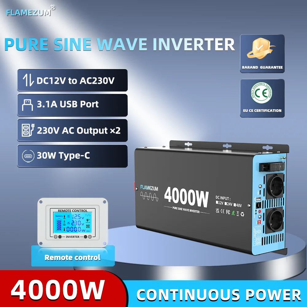 4000W Continuous Power Pure Sine Wave Inverter DC 12V to AC 230V 50HZ EU Socket LCD Car Voltmeter Converter Transformer