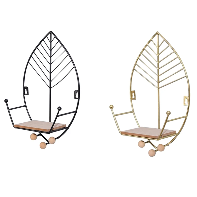 Плавающие полки в форме листьев, металлический настенный декор, деревянная настенная полка для хранения, украшения для дома, искусство для спальни, прочное золото