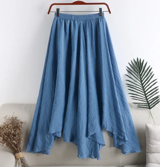 

Linen Skirt Women's Spring Summer 2024 New women Midi Solid Color wild Irregular Pleated blue black big swing Fishtail Skirt