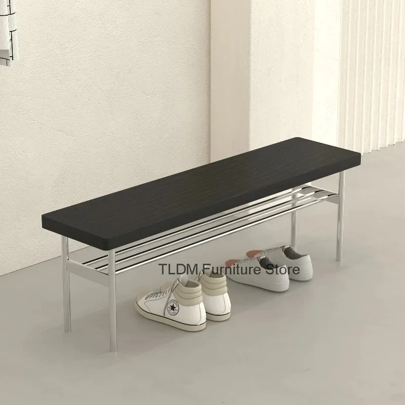Nordic Style Solid Wood Top Shoe Bench Polished Metal Slatted Lower Storage Rack Minimalist Entryway Stool for Hallway Bedroom