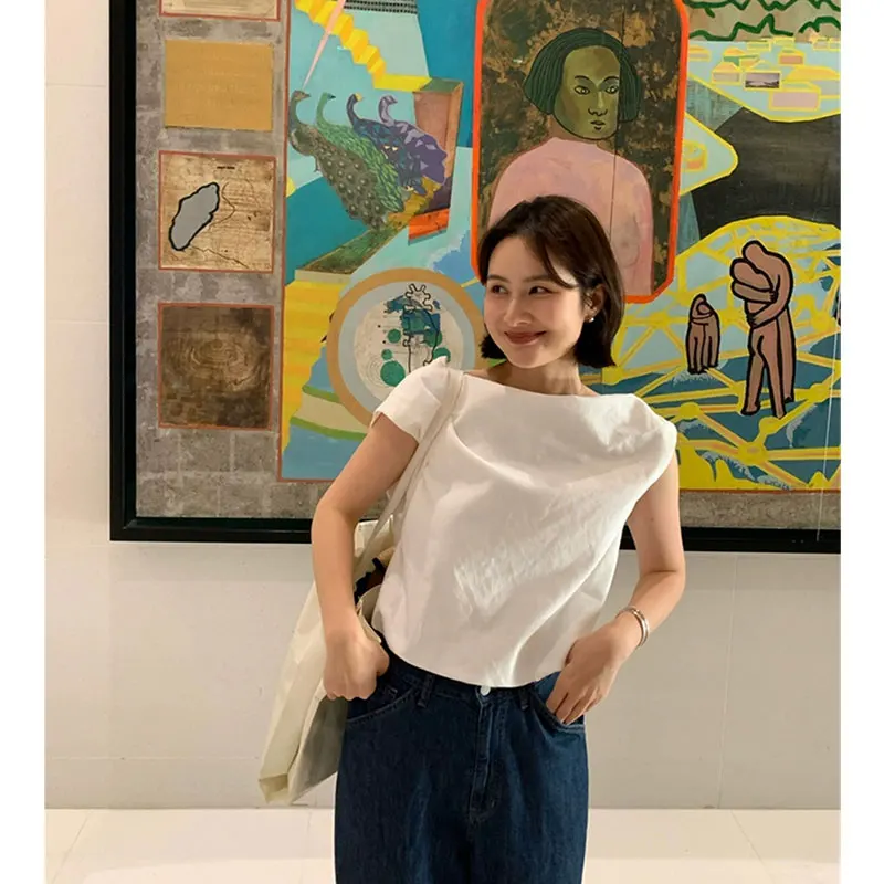 

Ele Dongda Gate 26 Summer Pure Color Asymmetrical Design Sensation Oblique oulder Svel irt Women's Faion