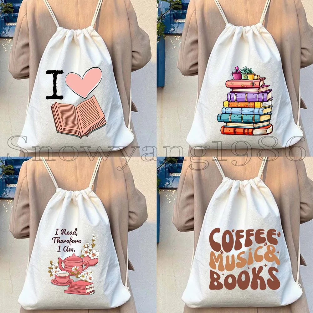 Aesthetic Floral Stack of Books Coffee Flowers Book Quotes Reading Cute Gifts Canvas Drawstring Bag Backpack Gym Sports Sackpack