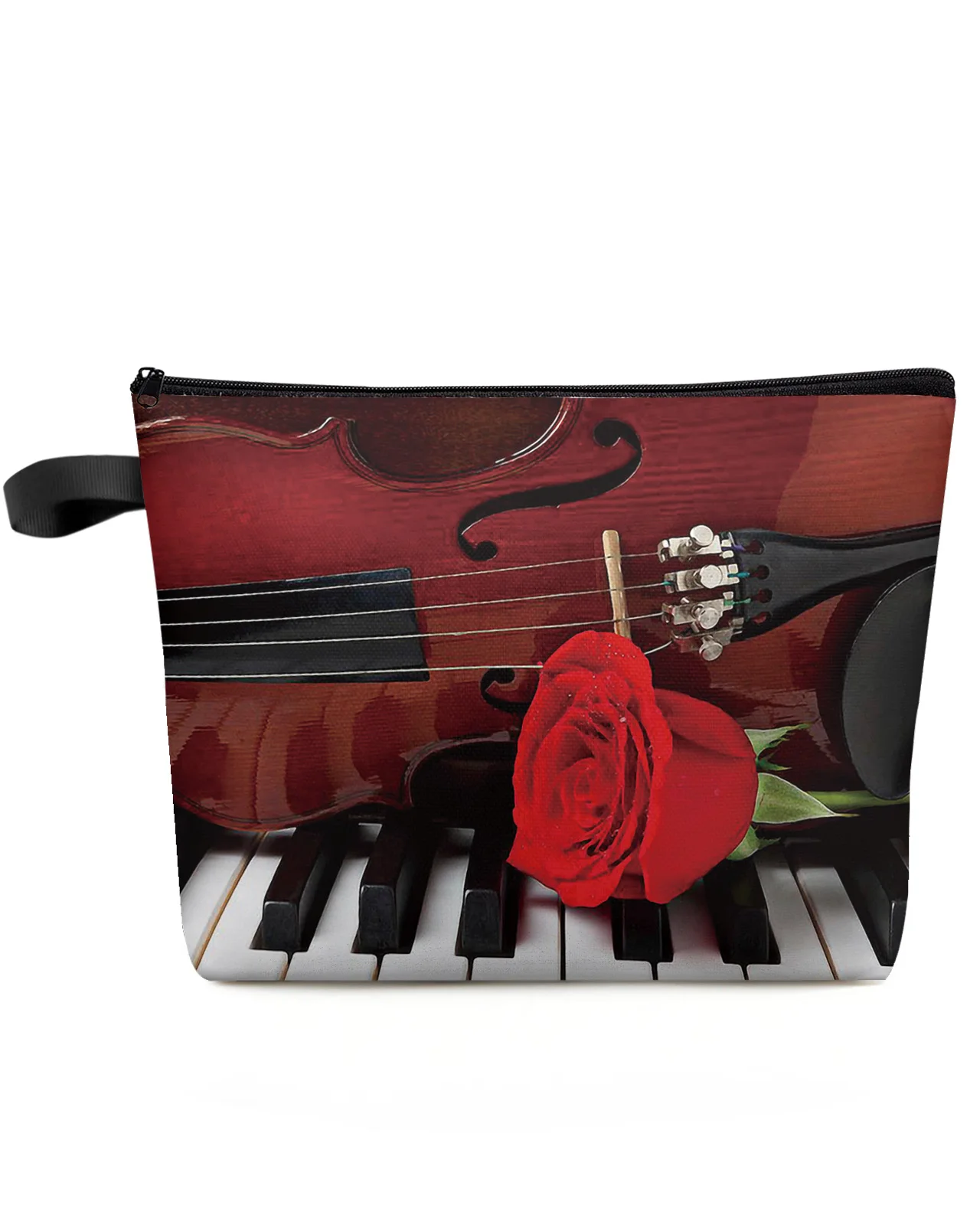 Violin and red roses on piano Large Capacity Travel Cosmetic Bag Portable Makeup Storage Pouch Women Waterproof Pencil Case