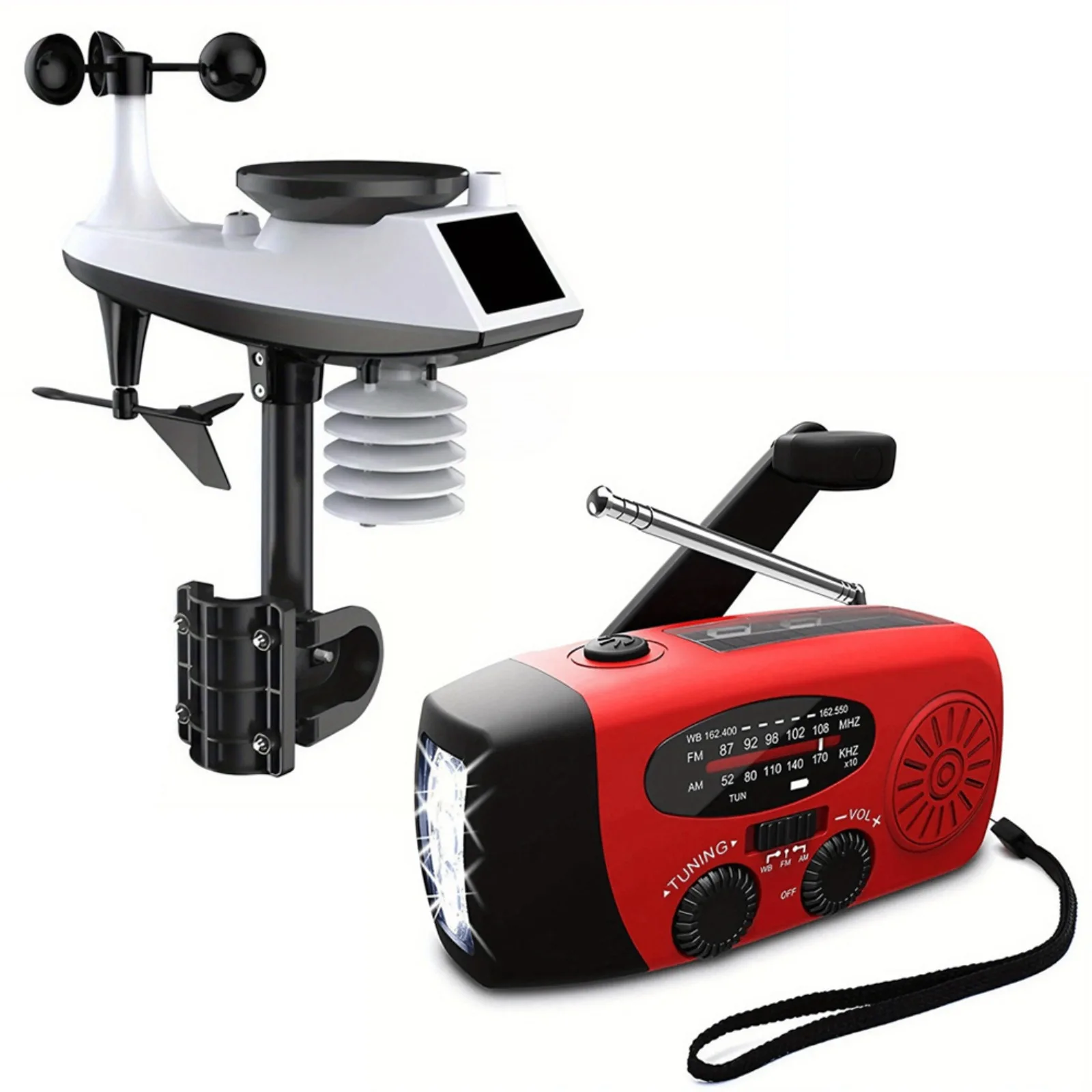

Smart Weather Station - APP Control, Auto Time Calibration, Multi-Language, 2099 Calendar, Temp/Humidity/Wind/Rain/UV/TVOC, Dual Alarm, Night Light. With Multifunctional Radio, Hand Crank/Solar, FM/AM/NOAA