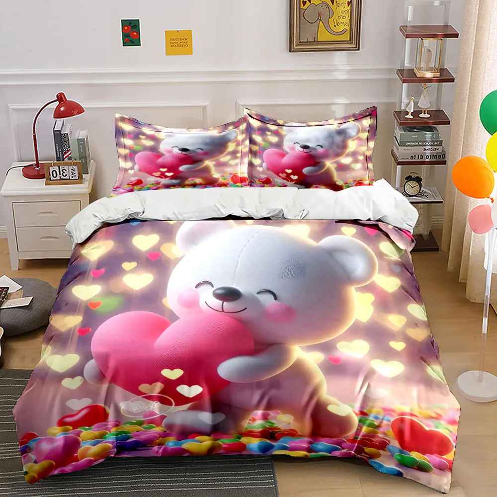 Cute bear hugging pink heart Bedding Set for Kids Luxury Gift 3pcs Digital Print Comforter Set Soft Comfortable Breathable