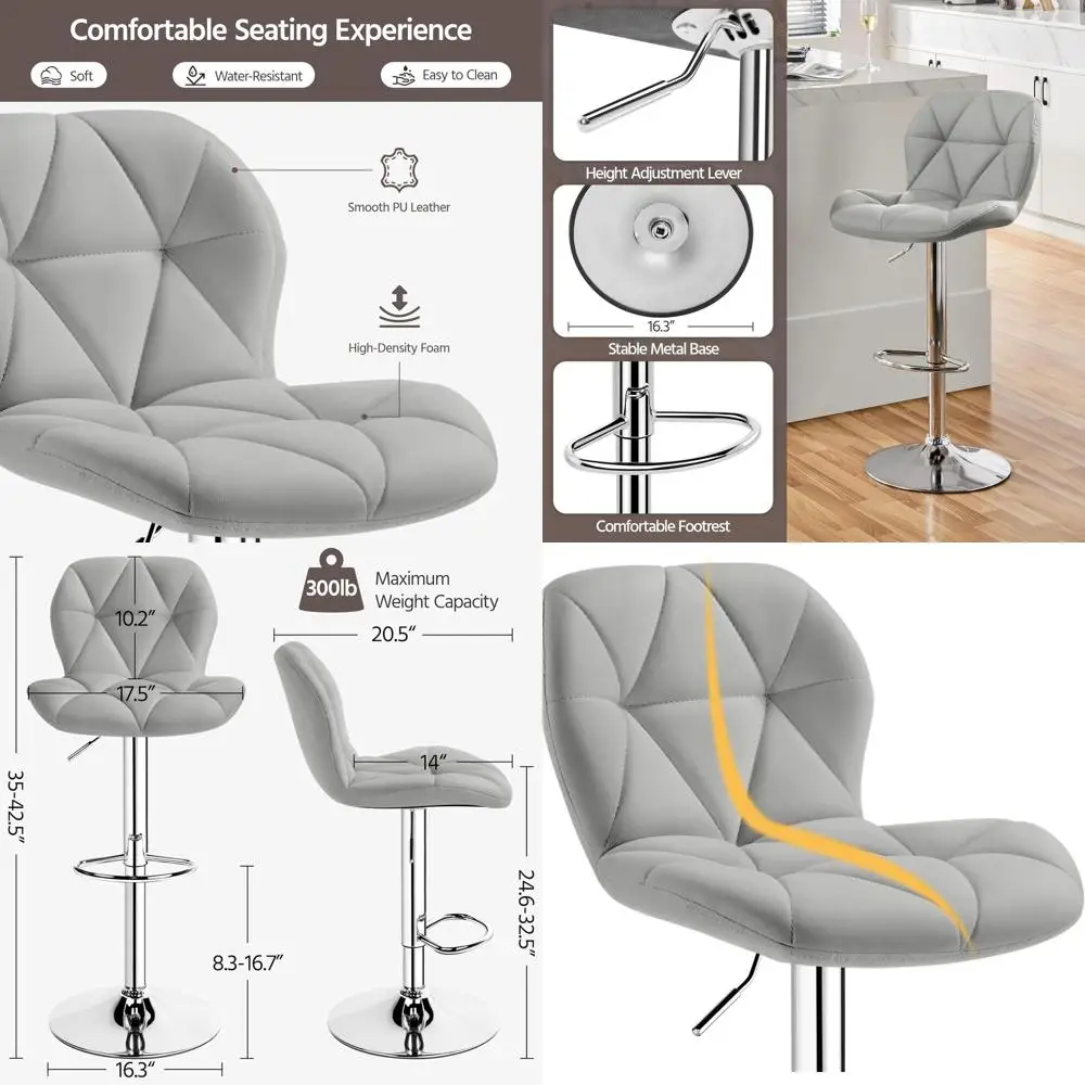 

Набор из 2 светло-серых регулируемых барных стульев из искусственной кожи с спинкой для кухонной стойки или острова