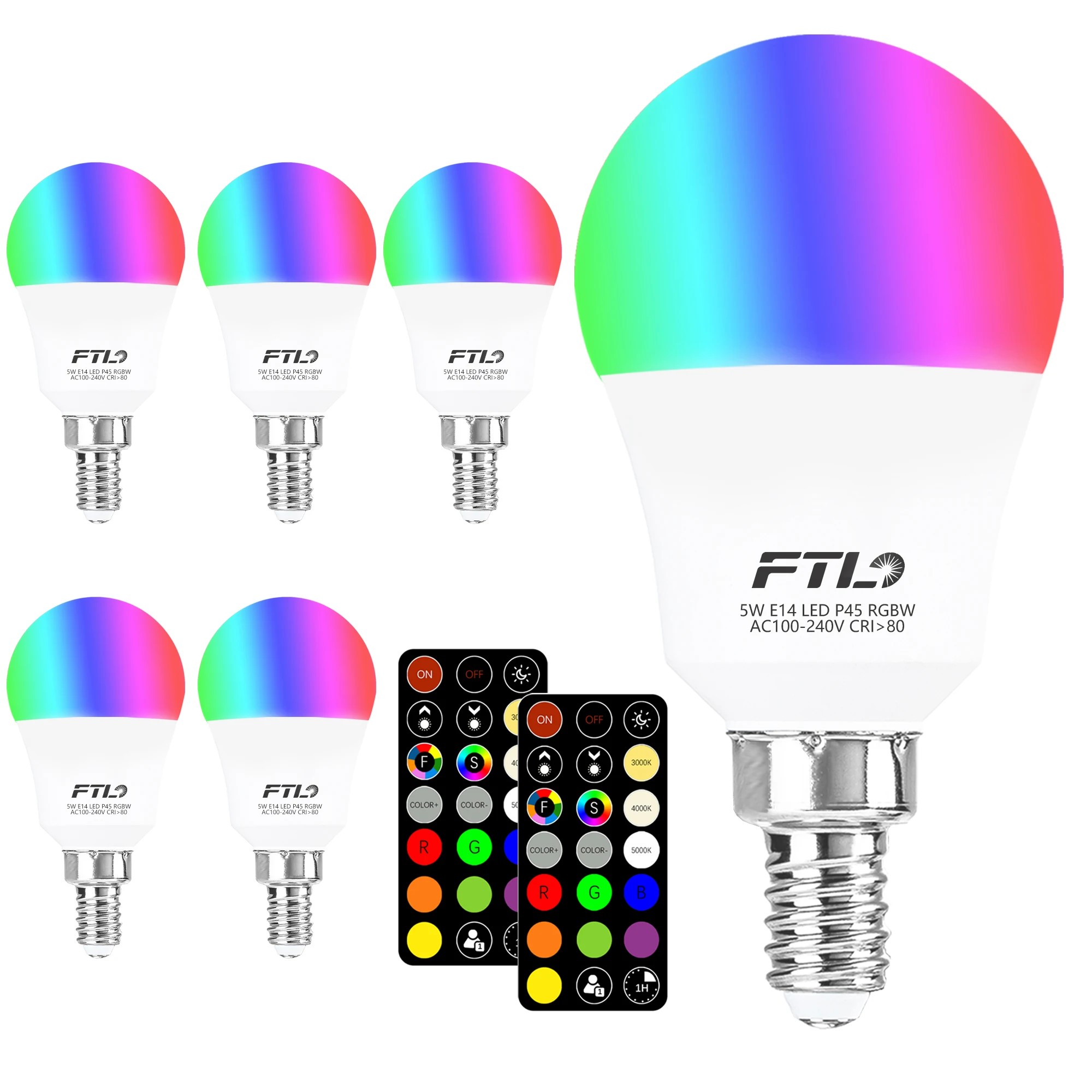 E14 LED Colour Changing Light Bulb with Remote Control, 5W(40W Equivalent) Dimmable E14 P45, Timing Function for Party, 6-Pack