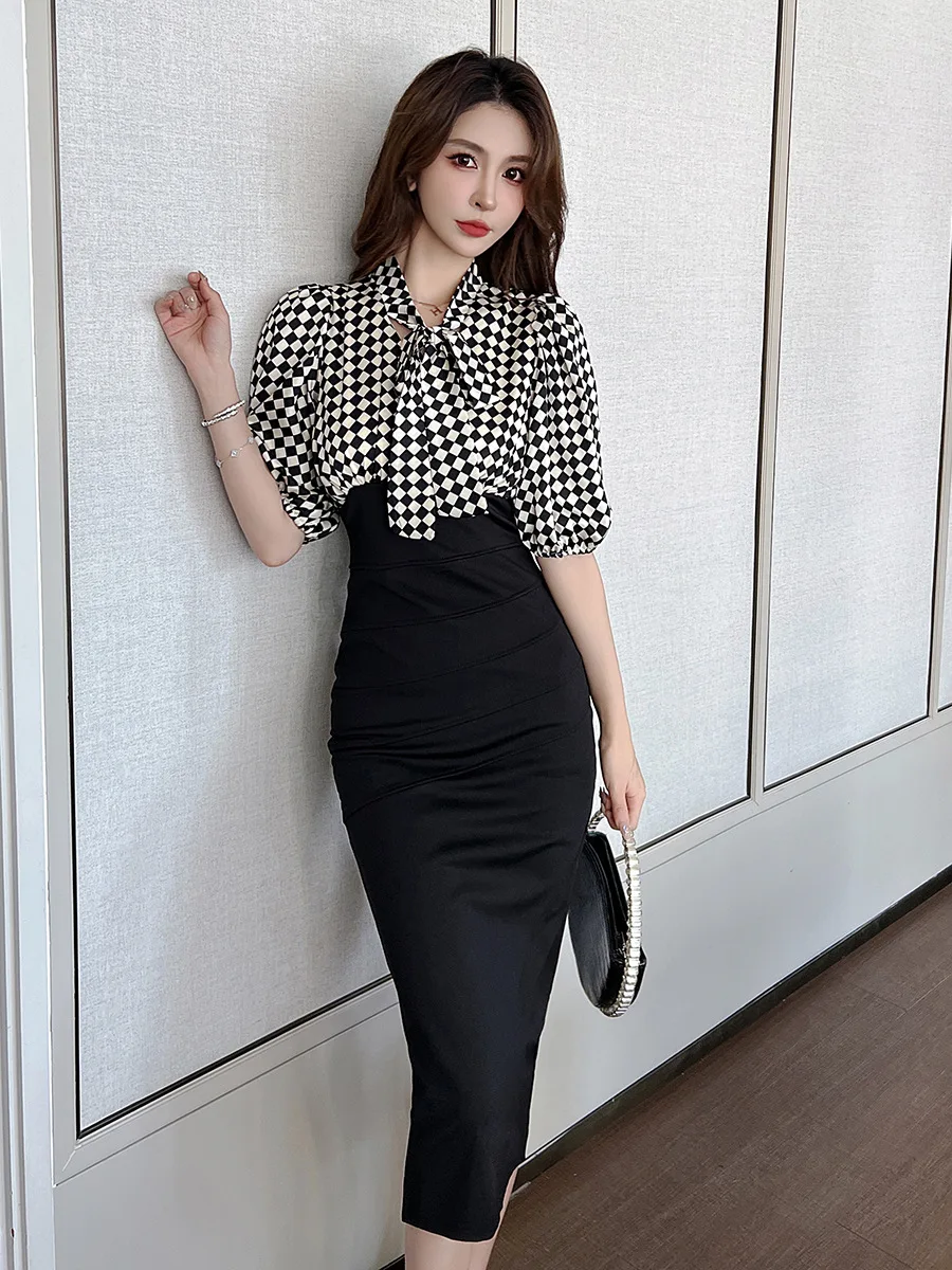 

Mid-length Plaid Dress with Waistband Sexy Goddess Style Korean Fashion French Design High End Design Spring Summer New 2024