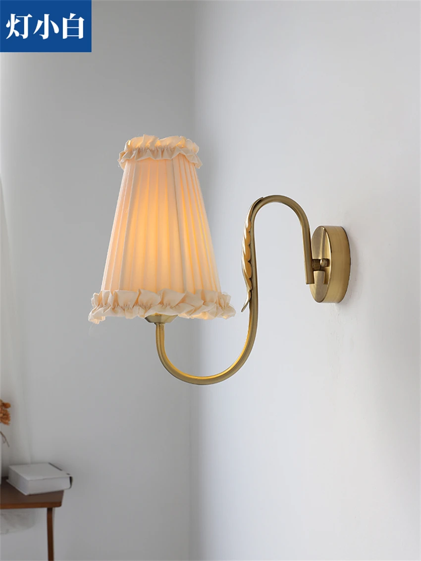 Nordic gold pleated cloth wall lamps American French bedroom bedside vintage living room lace sconces lights deco LED lighting