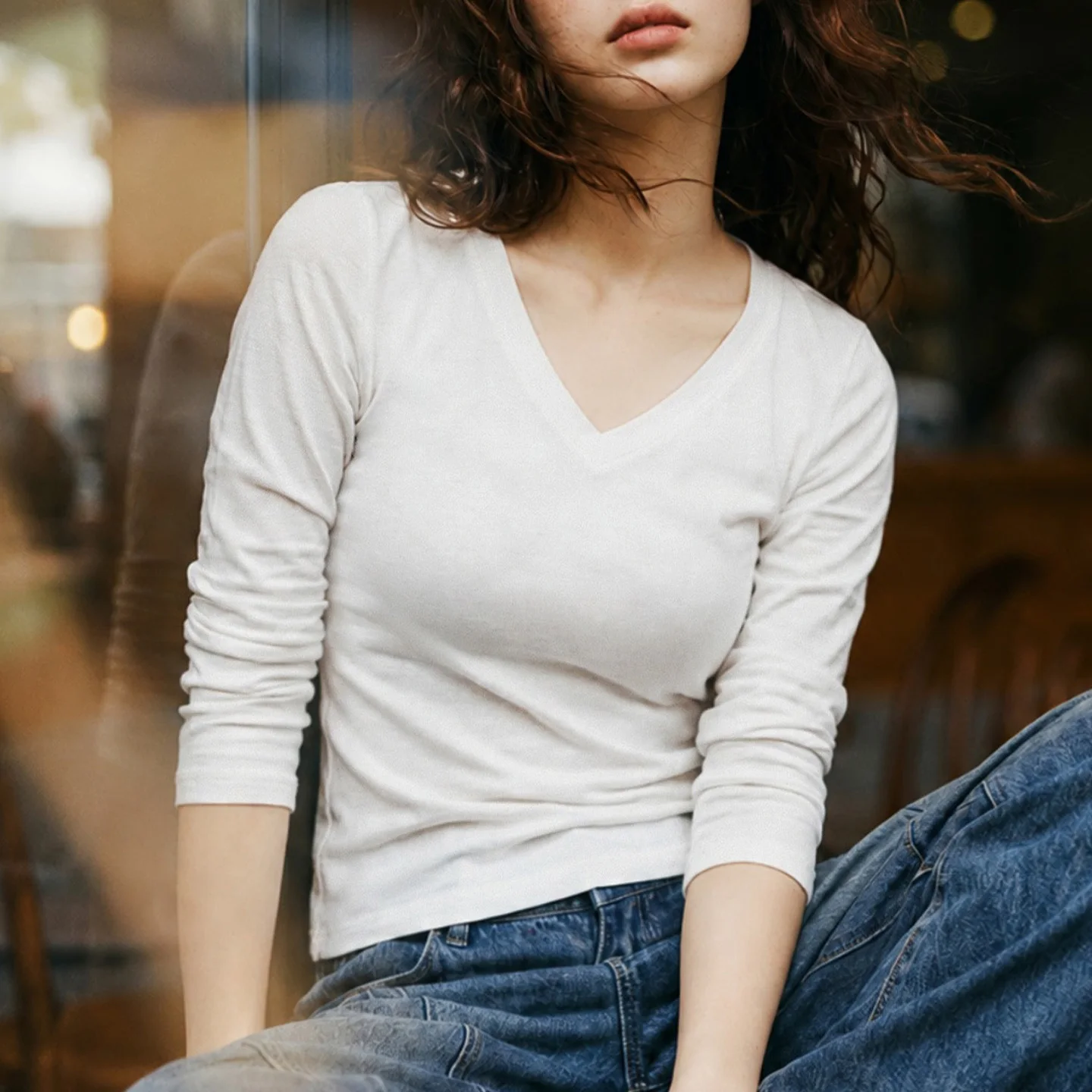 Maden Women's V Neck Long Sleeve T Shirt Slim Fit Cotton Lyocell Solid Base Layer Yoga Minimalist Top Casual Autumn Outwear