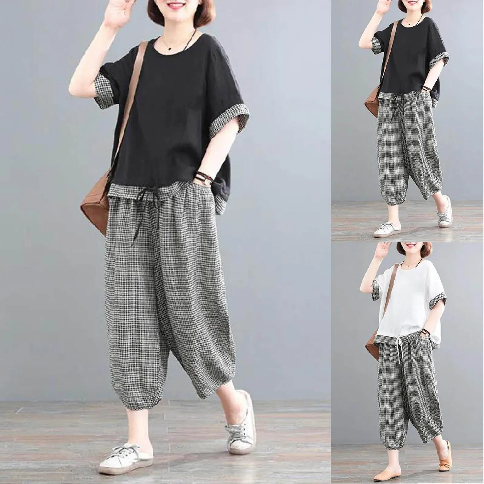 2024 New Korean Version Of Large Size Plaid Pants Suits Printed Cotton Linen Short Sleeved T Shirt Two Fashion Juniors Pantsuit