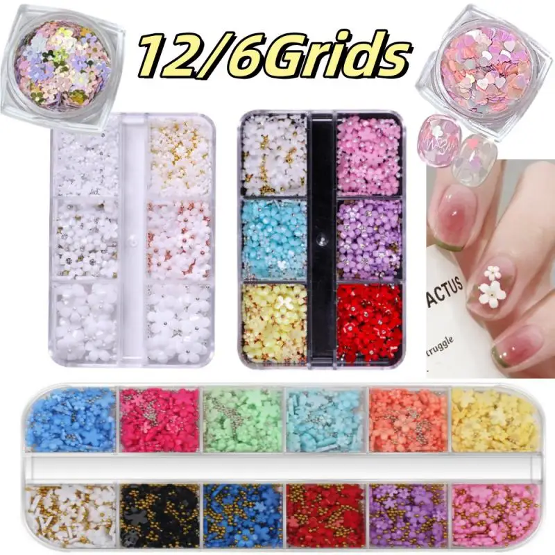 3D Five Petal Floral Acrylic Flower Nail Art Rhinestones 12/6Grids Resin Flower Nail Charms 3D Floral Nail Gems DIY Nail Art