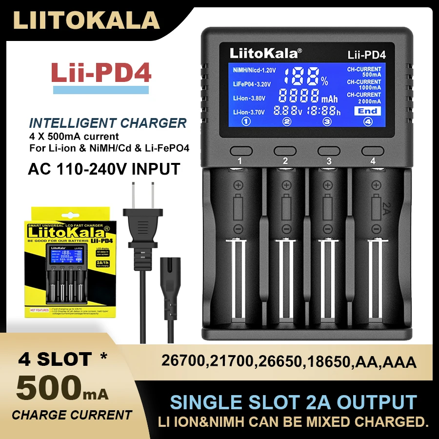 Liitokala Lii-PD4 Lii-500 Lii-402/202 3.7V 18650 18350 18500 16340 21700 20700 26650 1.2V AA AAA NiMH Lithium-Battery Charger