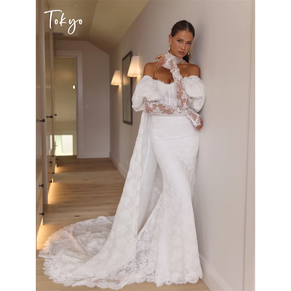 

Tokyo Off Shoulder Puff Sleeve Full Lace Mermaid Wedding Dress High Neck With Gloves Formal Wedding Ceremony Bridal Gown 2026