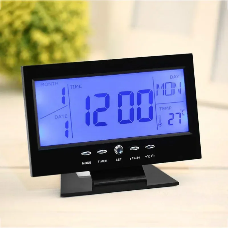 LCD Screen Digital Clocks Thermometer Indoor Humidity Monitor Electronic Display Temperature Voice Control Alarm Clock Calendar