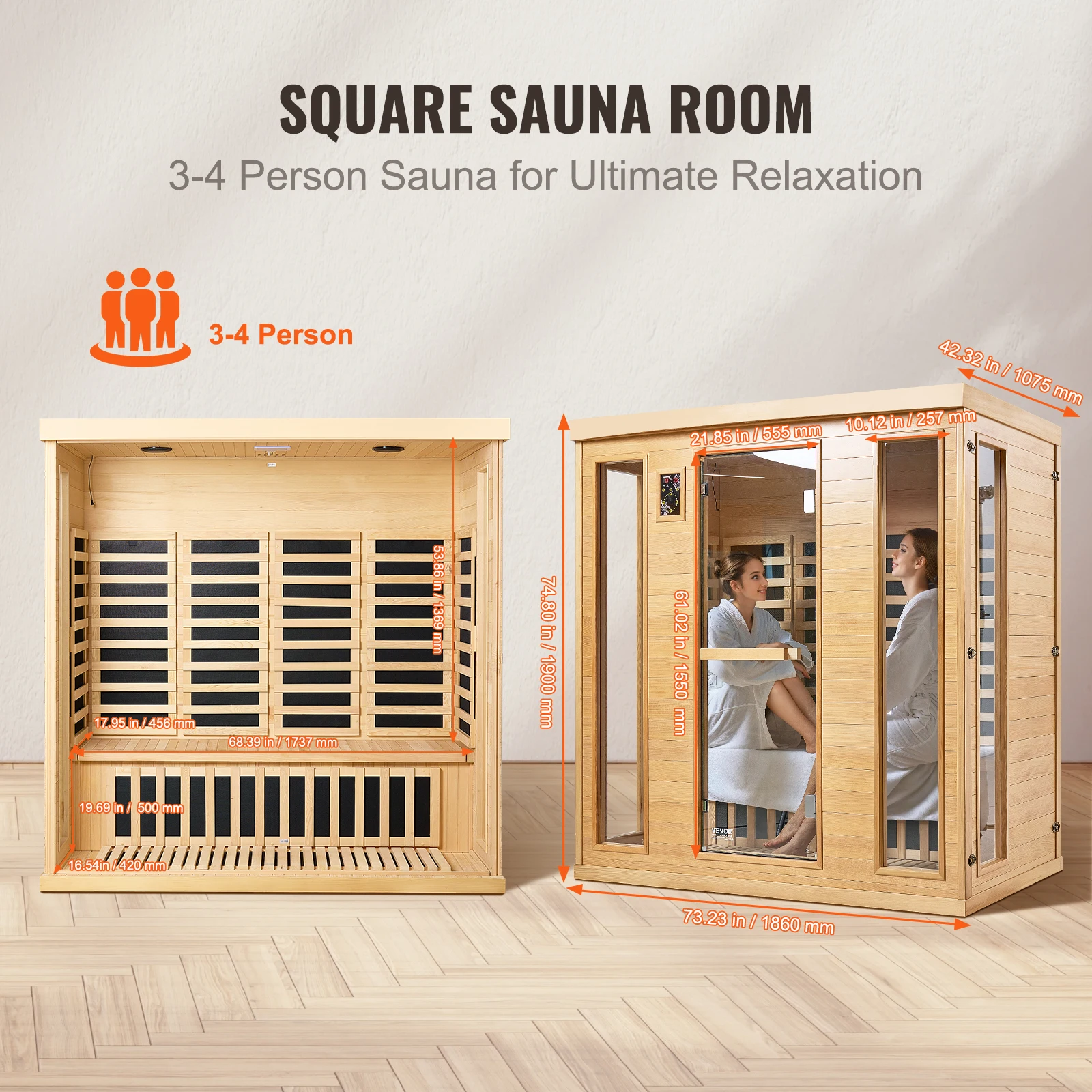 Vevor sauna de madeira infravermelha distante, spa de sauna doméstica para 3 a 4 pessoas, sauna de madeira hemlock de infravermelho distante de baixo emf, 2580w interno