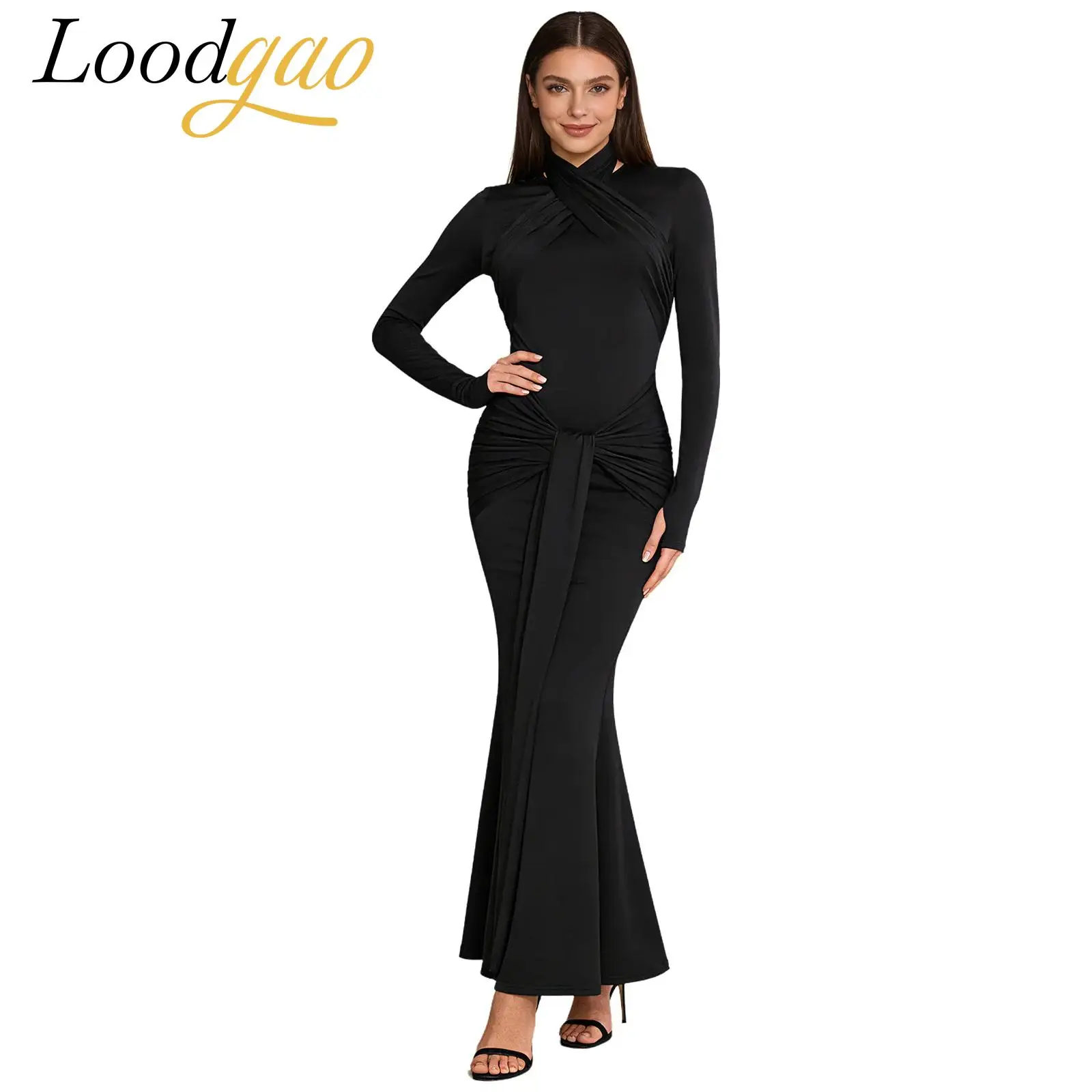 

Женское платье макси с высоким воротом и длинными рукавами, коктейльное, вечернее, для выпускного вечера, повседневное, элегантное, осеннее, с драпировкой