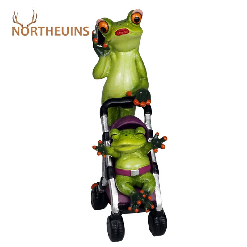 NORTHEUINS Resin Frog Figurines Mother's Day Gift Baby Cart Cute Animal Statue Home Living Roon Bedroom Desktop Decor Accessorie