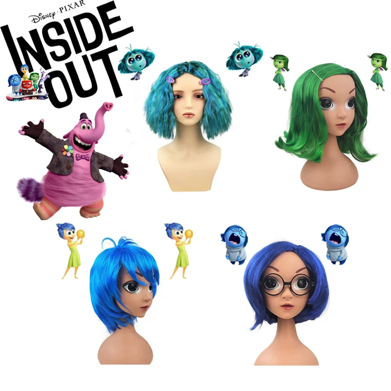 

Disney Inside Out 2 Joy Envy Disgust Sadness Wig Short Blue Curly Heat Hairpiece Masquerade Cosplay Wig Cap with Water Drop Clip