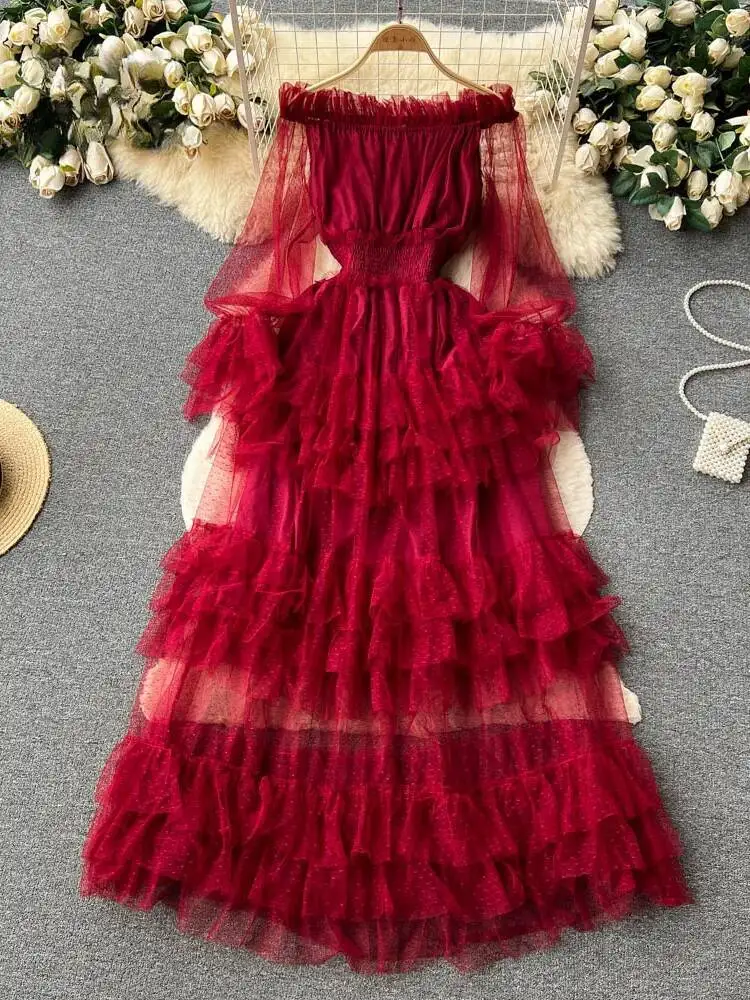 Mulheres elegante malha renda vestido longo verão sexy fora do ombro magro a linha babados camada vestidos vintage primavera verão longo robe