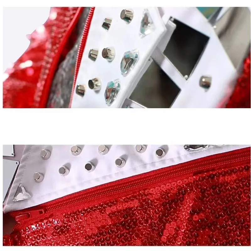 Men Red Sequins Mirror Rivet Jacket Zipper Slim Coat Bar Nightclub Male Singer DJ Rock Punk Jazz Dance Costume Singer Stage Wear