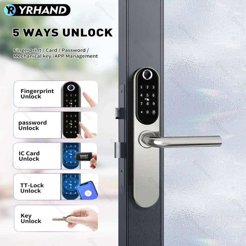 YRHAND Tuya Smart Door Lock para casa, impressão digital, impermeável, à prova de fogo, App Control, WiFi