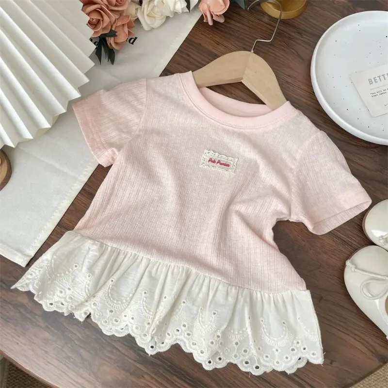 

Summer Girls Kids T-Shirt New Applique Lace Trim Short Sleeve Dress Style Top Undershirt