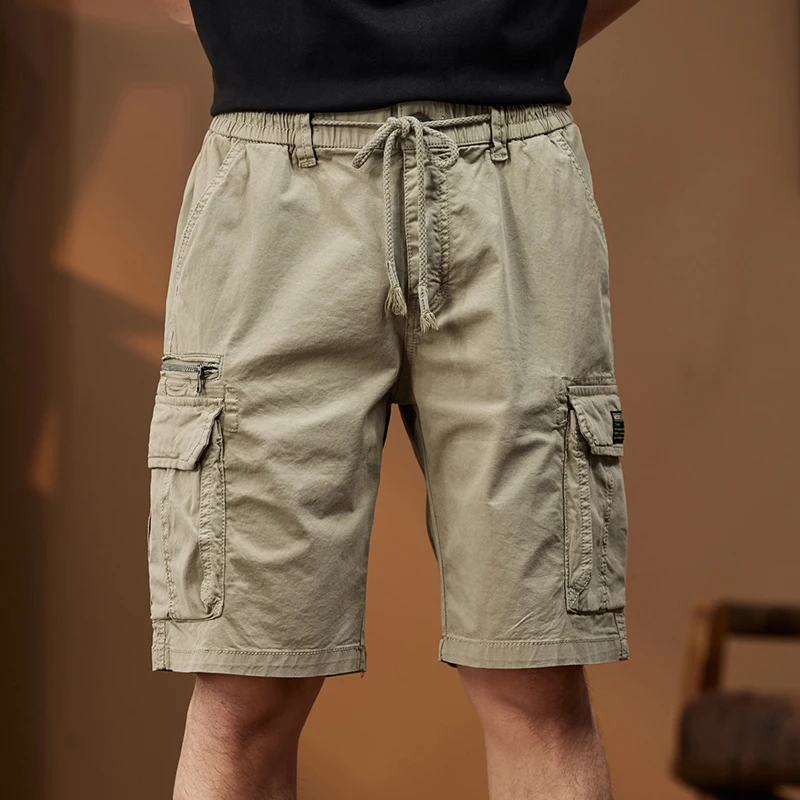 New Men Summer Shorts Pants Multi-Pockets Men\'s Shorts Casual Male Cargo Shorts Pants Fashion Zipper Elastic Waist Kpop Trendy