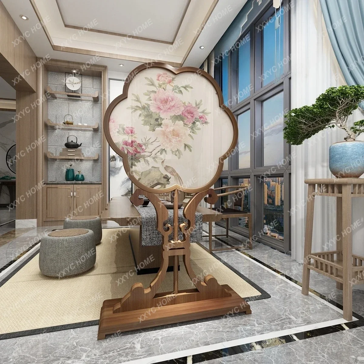 A  New Chinese-style solid wood entrance screen partition fabric background custom-made modern simple ornament seat screen