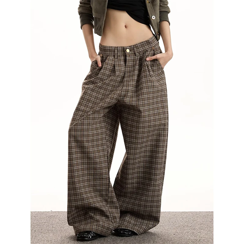 

﻿ American Retro Plaid Pleated Lazy Casual Pants Loose Wide Leg Trousers Women Vintage Comfortable Loose Fit Casual Pants