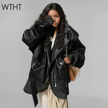 WTHT, chaqueta a rayas de retales a la moda para mujer, abrigo de cuero PU, moda de otoño 20224, chaqueta falsa de dos piezas para mujer 1LS187