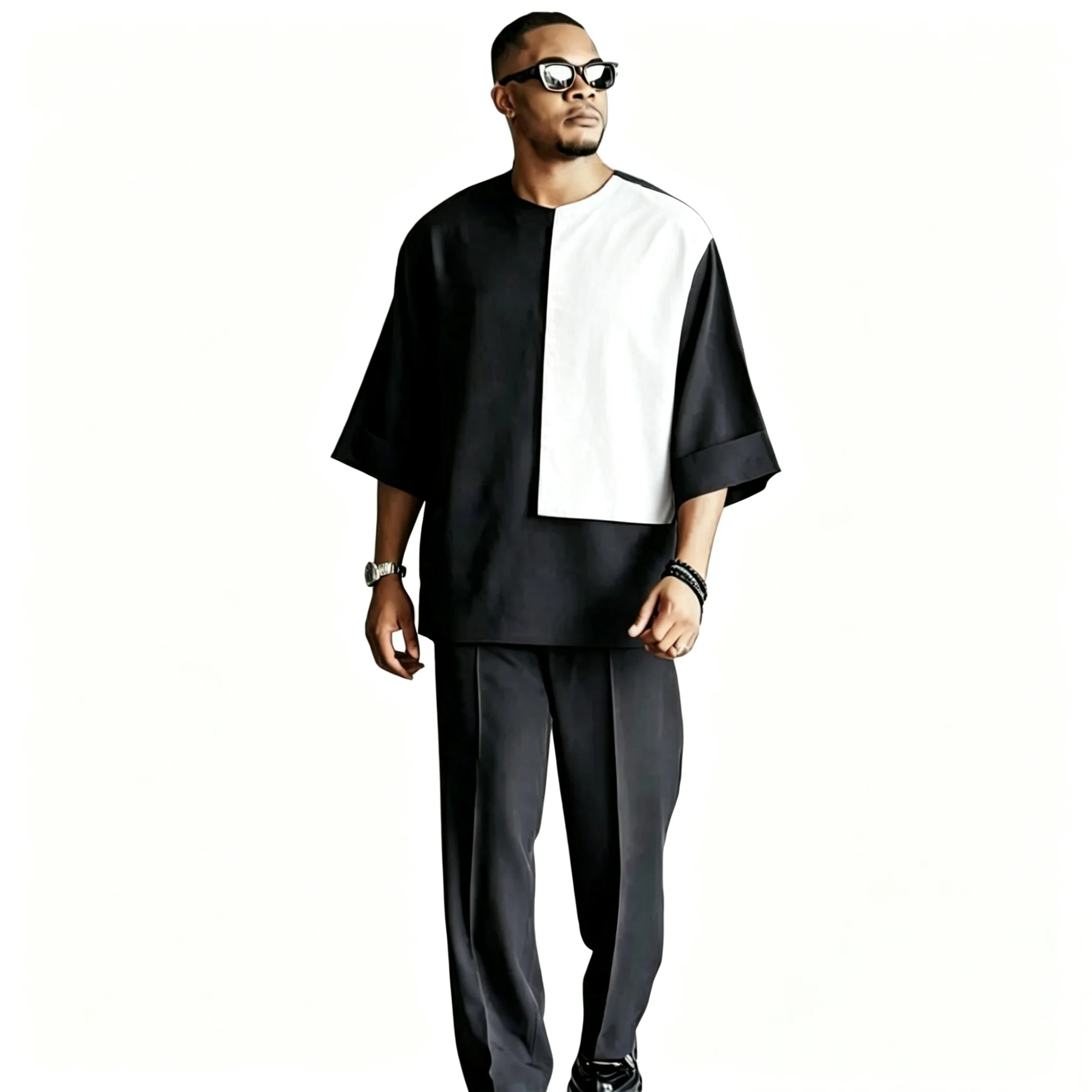 Ropa africana de manga 3/4 para hombre, conjunto holgado de estilo nigeriano, Tops de retazos con pantalón, traje de fiesta hecho a medida